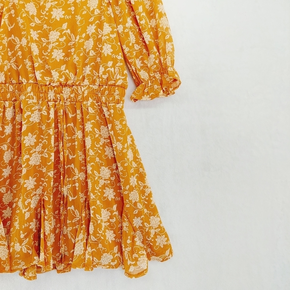 Trixxi Floral Orange Ruched Flowy Mini Square Neck Off Shoulder Dress P4576 - Picture 3 of 7